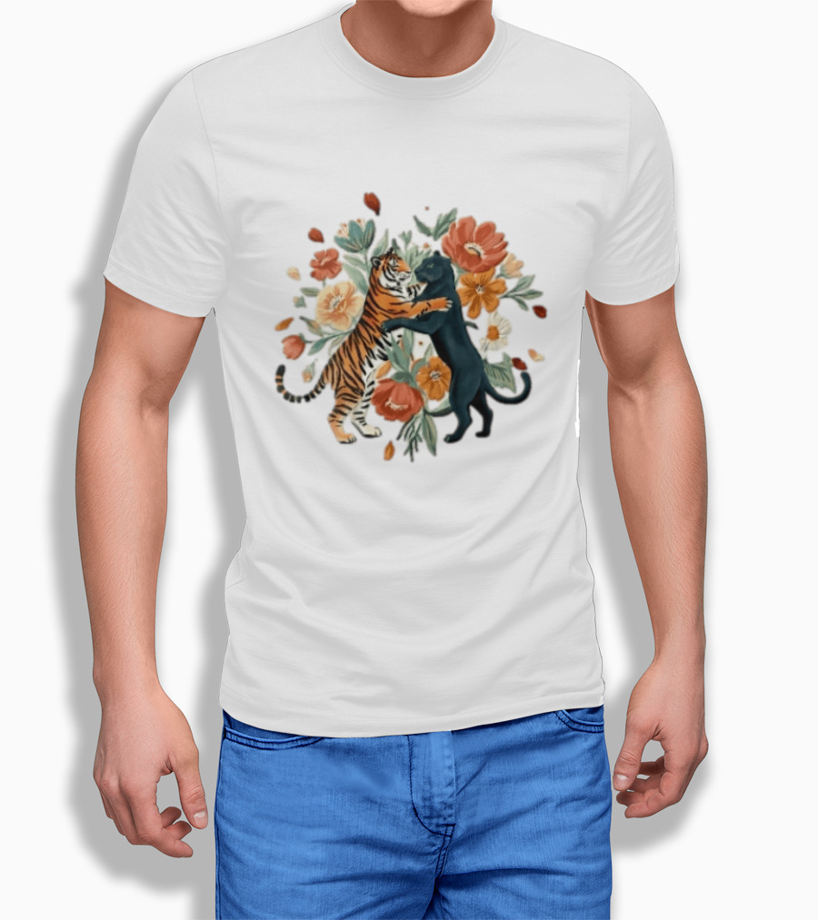 Tiger Black Panther Embrace Floral Bouquet Watercolor T-Shirt