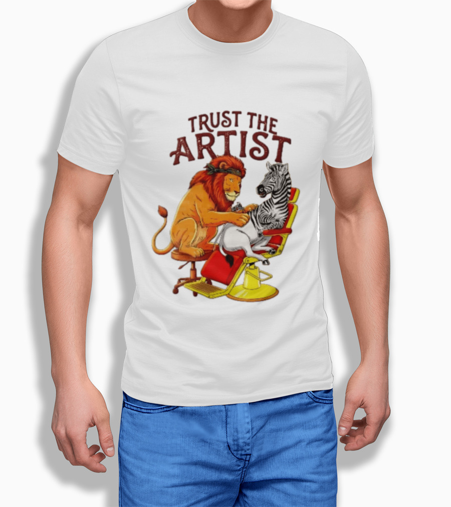 Trust The Artist Lion Tattooing Zebra In Barber Chair T-Shirt