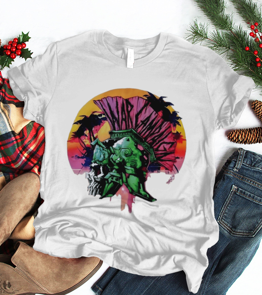 Warcraft Skull Spartan Helmet Tropical Sunset T-Shirt