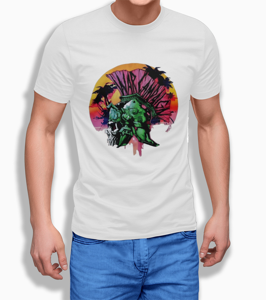 Warcraft Skull Spartan Helmet Tropical Sunset T-Shirt