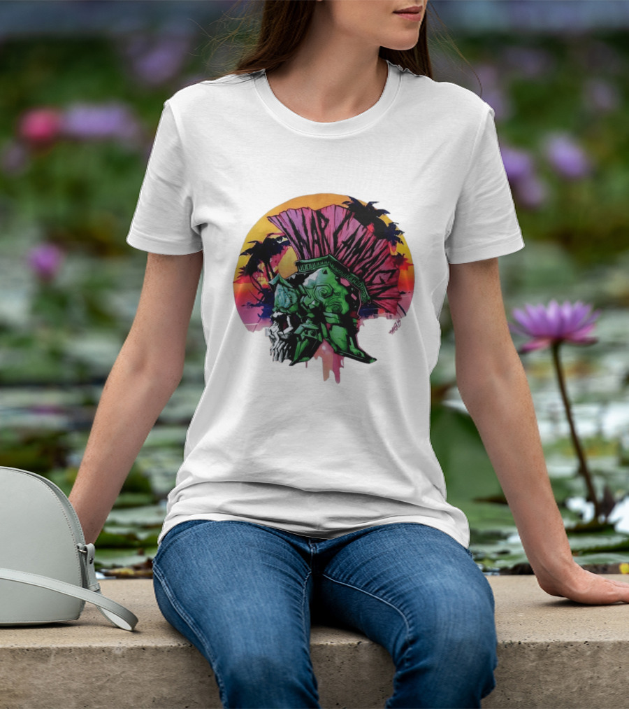 Warcraft Skull Spartan Helmet Tropical Sunset T-Shirt