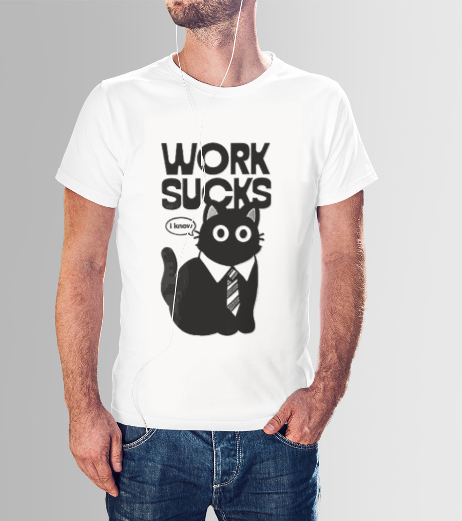Work Sucks I Know Cartoon Black Cat T-Shirt