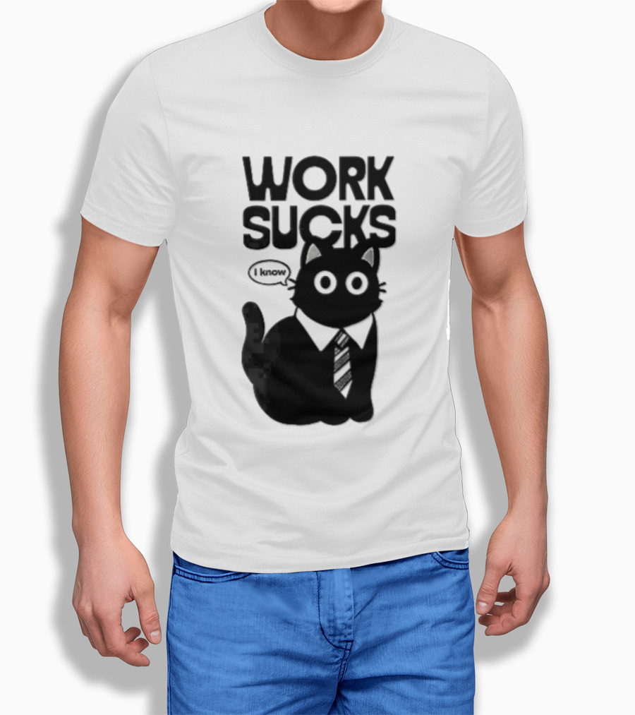 Work Sucks I Know Cartoon Black Cat T-Shirt