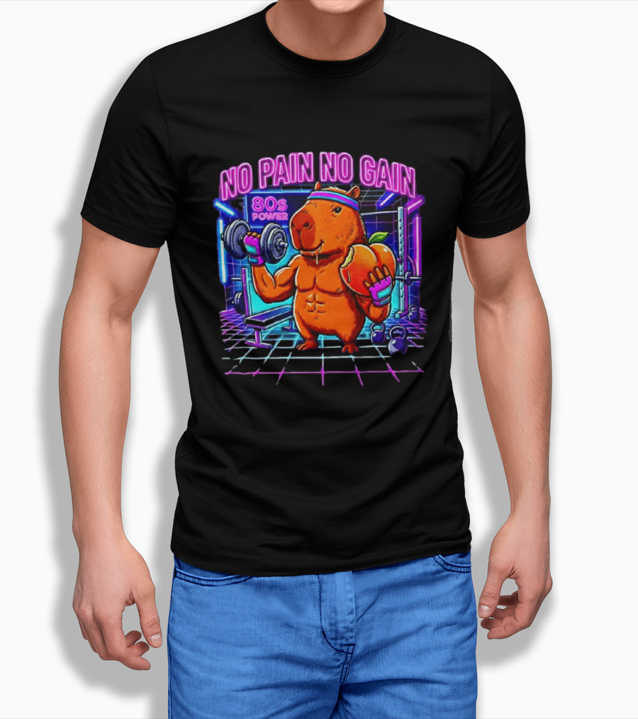 Capybara No Pain No Gain 80s Power Lifting Fitness Workout Gym T-Shirt