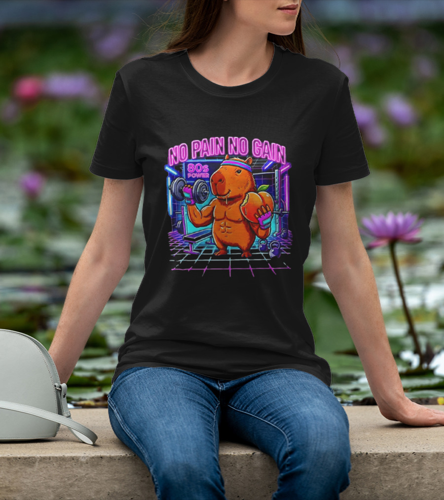 Capybara No Pain No Gain 80s Power Lifting Fitness Workout Gym T-Shirt