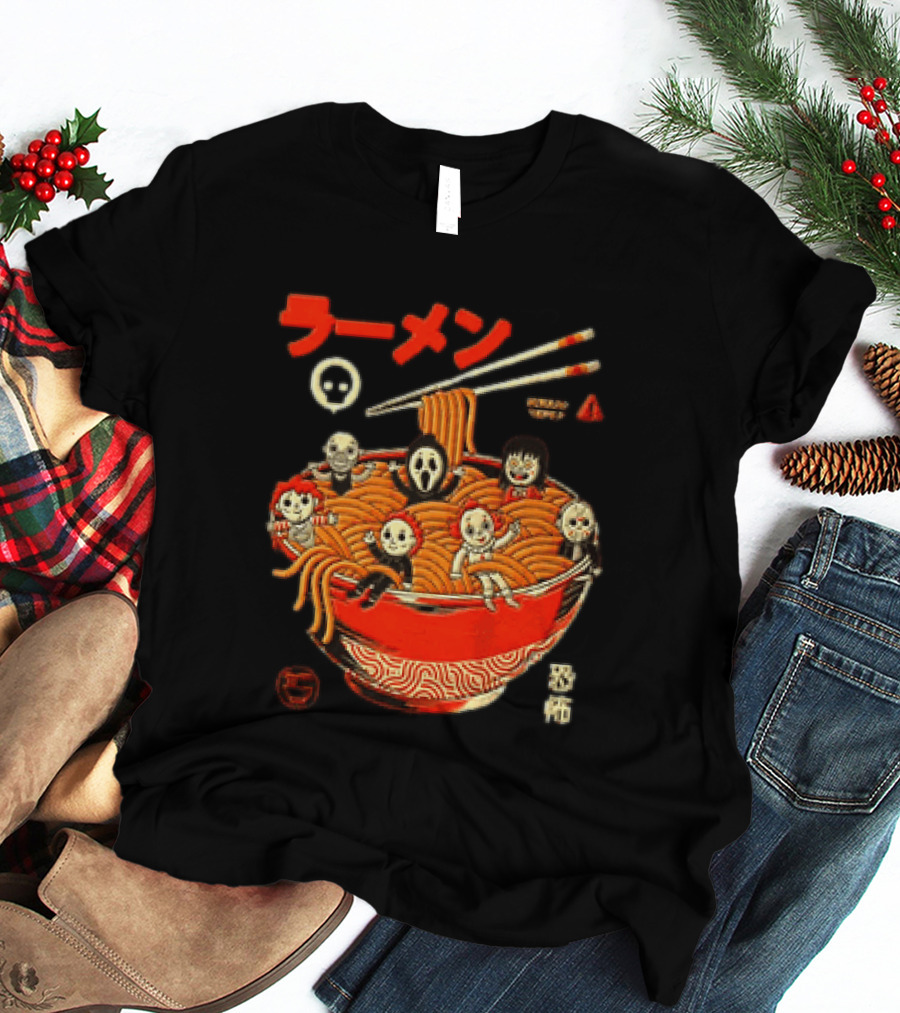 Chucky Ghostface Kayako Michael Myers Pennywise Jason Voorhees Ramen Horror Characters Eat Scream T-Shirt