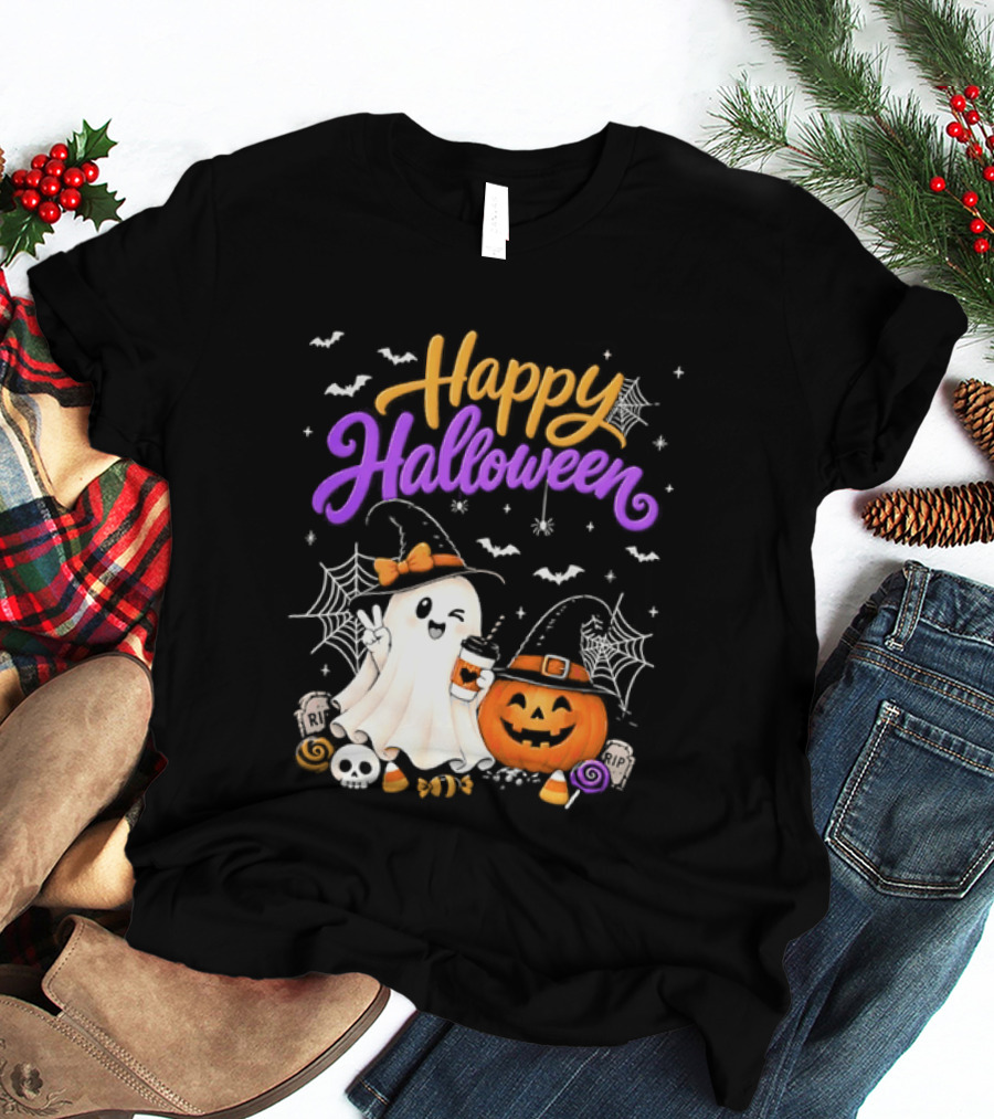 Happy Halloween Ghost Pumpkin Candy And Spider Webs T-Shirt