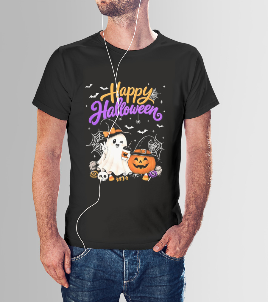 Happy Halloween Ghost Pumpkin Candy And Spider Webs T-Shirt