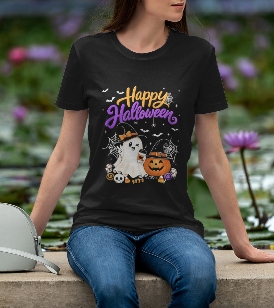 Happy Halloween Ghost Pumpkin Candy And Spider Webs T-Shirt