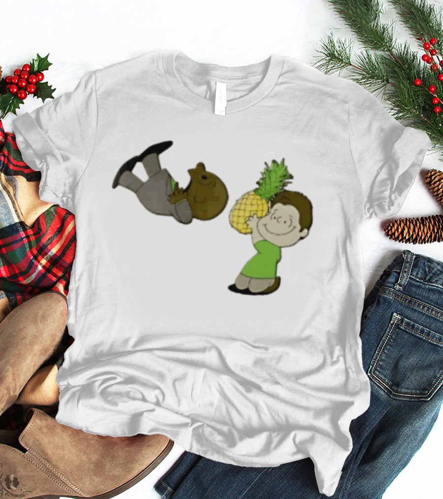 Cartoon Smiling Boy With Upside Down Pineapple Suit Person T-Shirt