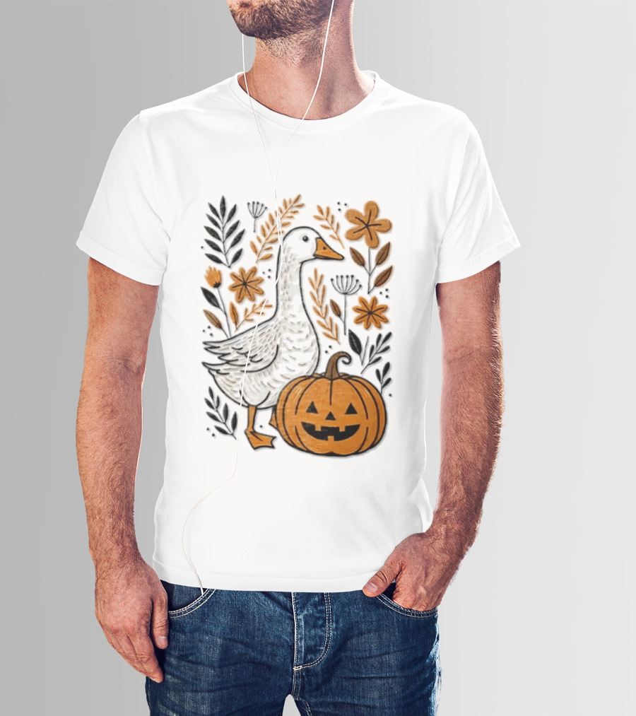 Goose With Jack O' Lantern Pumpkin Autumn Leaves And Flowers T-Shirt