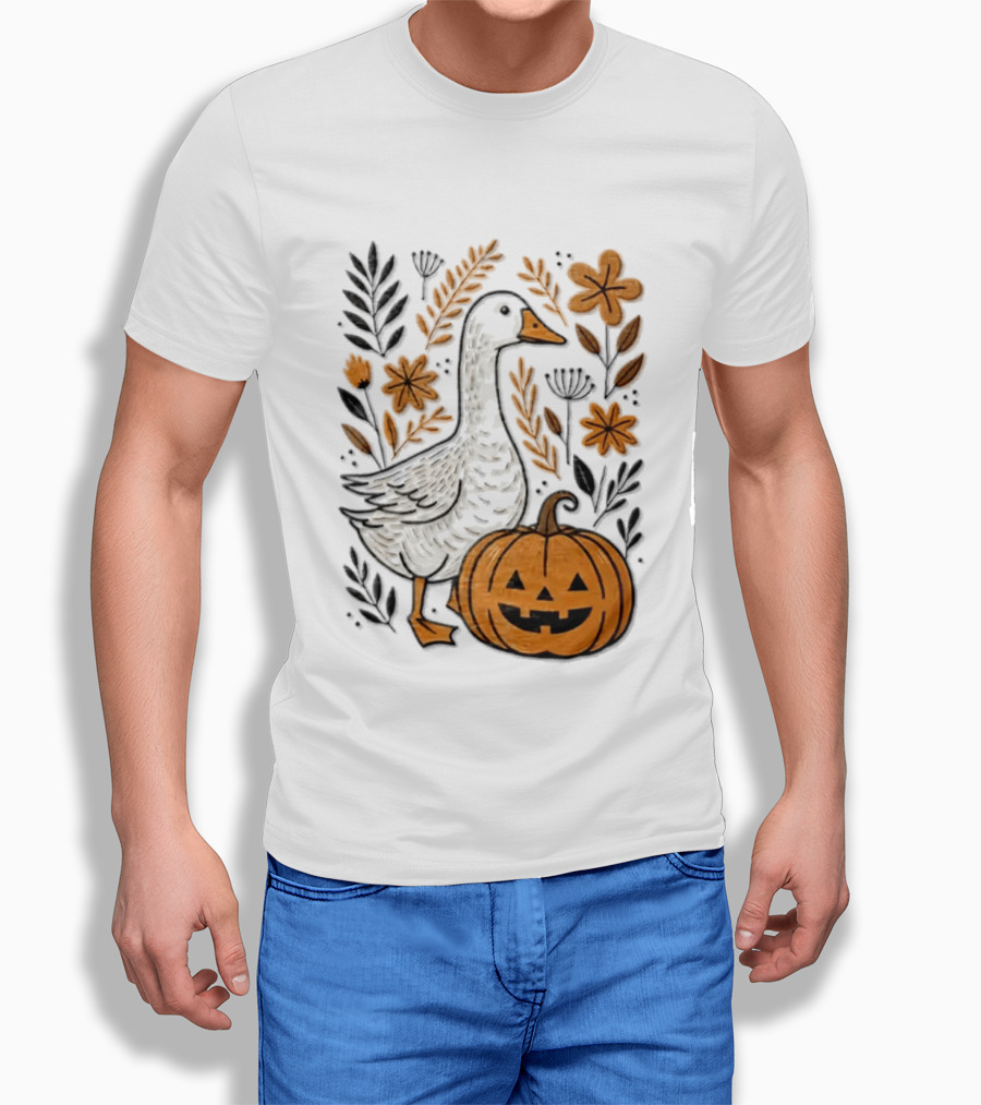 Goose With Jack O' Lantern Pumpkin Autumn Leaves And Flowers T-Shirt