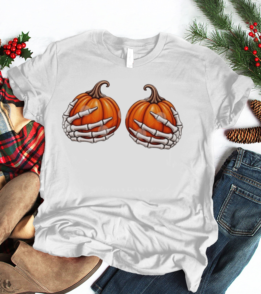 Skeleton Hands Holding Pumpkins Halloween Scary Realistic T-Shirt