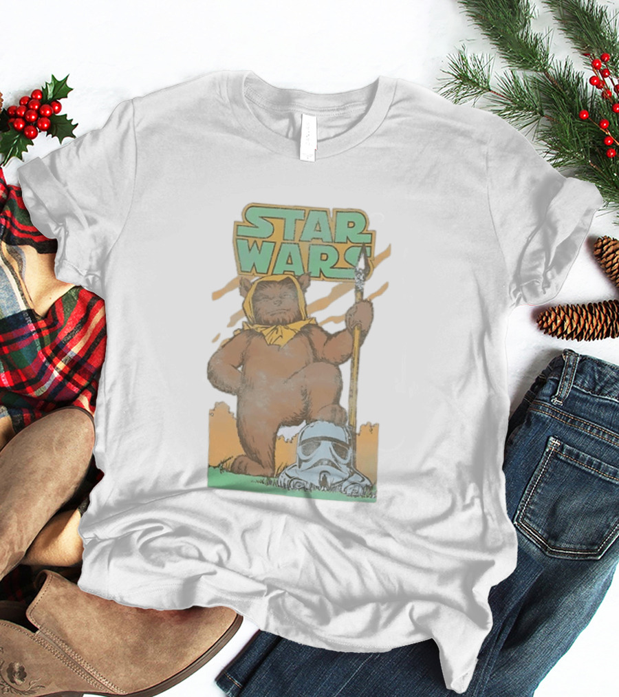 Star Wars Ewok Holding Spear With Stormtrooper Helmet T-Shirt