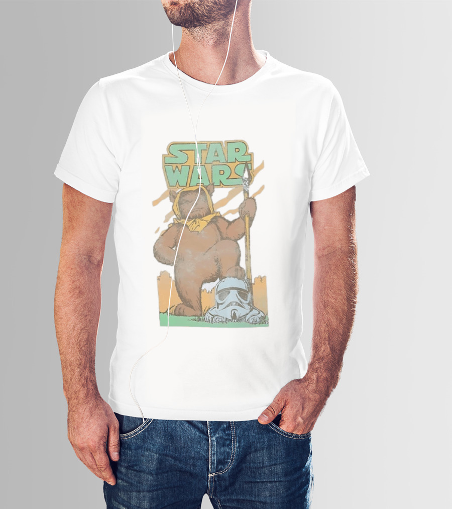 Star Wars Ewok Holding Spear With Stormtrooper Helmet T-Shirt