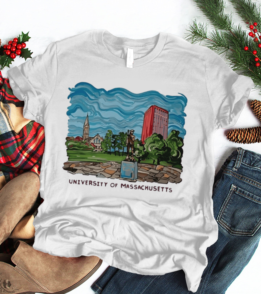 University Of Massachusetts Landmark Campus Scene Tower And Trees T-Shirt