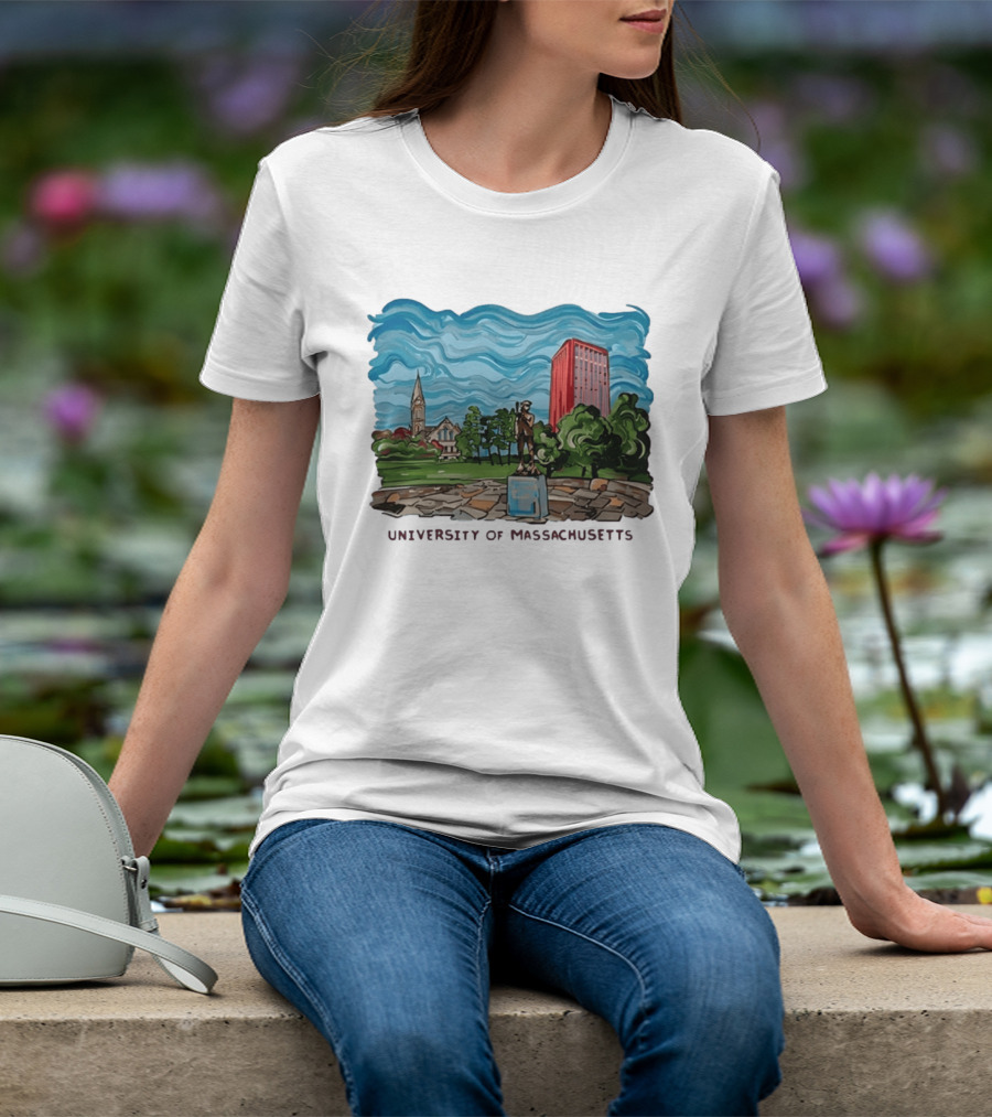 University Of Massachusetts Landmark Campus Scene Tower And Trees T-Shirt