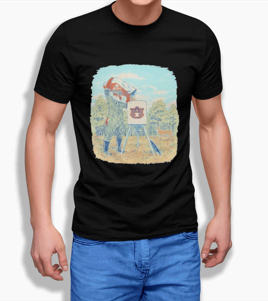 Aubie The Tiger Auburn University Deer Hunting Scene With Feeder And Deer T-Shirt