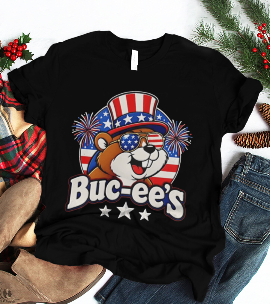 Buc Ee's Patriotic Beaver Fireworks Hat And Sunglasses Celebration T-Shirt