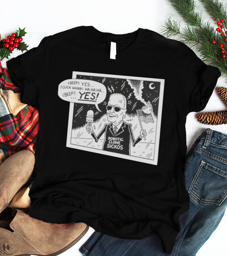 Joe Biden Robotic Clone Sickos Cartoon Ice Cream Flag Speech Bubble BEEP YES T-Shirt