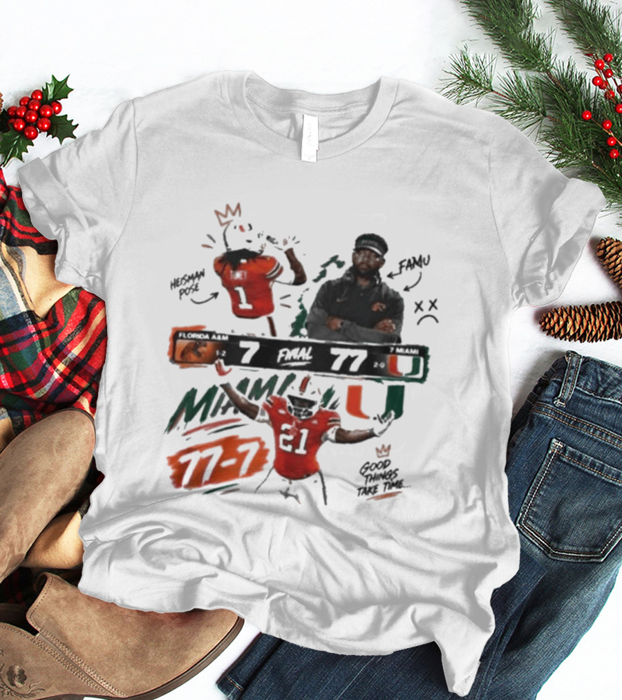 Miami 77 Final Florida A&M 7 College Football Game Highlights T-Shirt