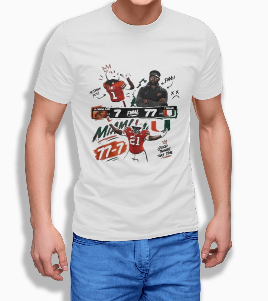 Miami 77 Final Florida A&M 7 College Football Game Highlights T-Shirt