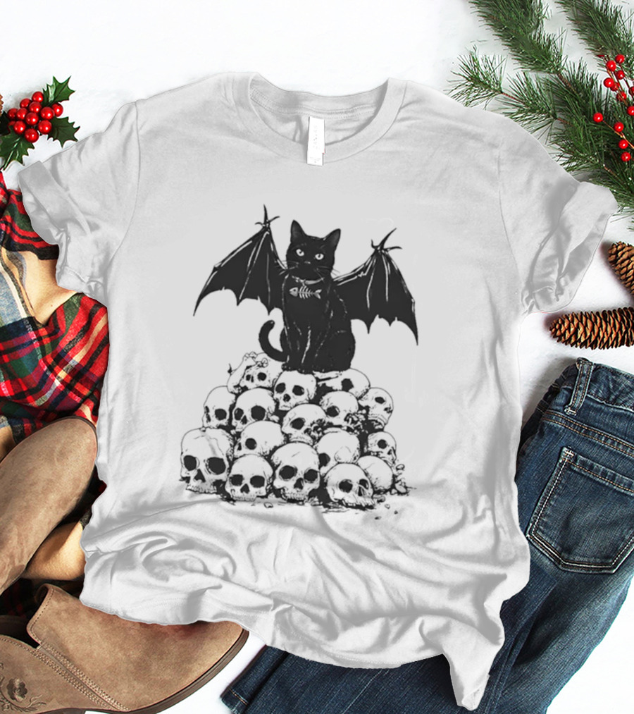 Black Bat Cat Sitting On Human Skulls T-Shirt