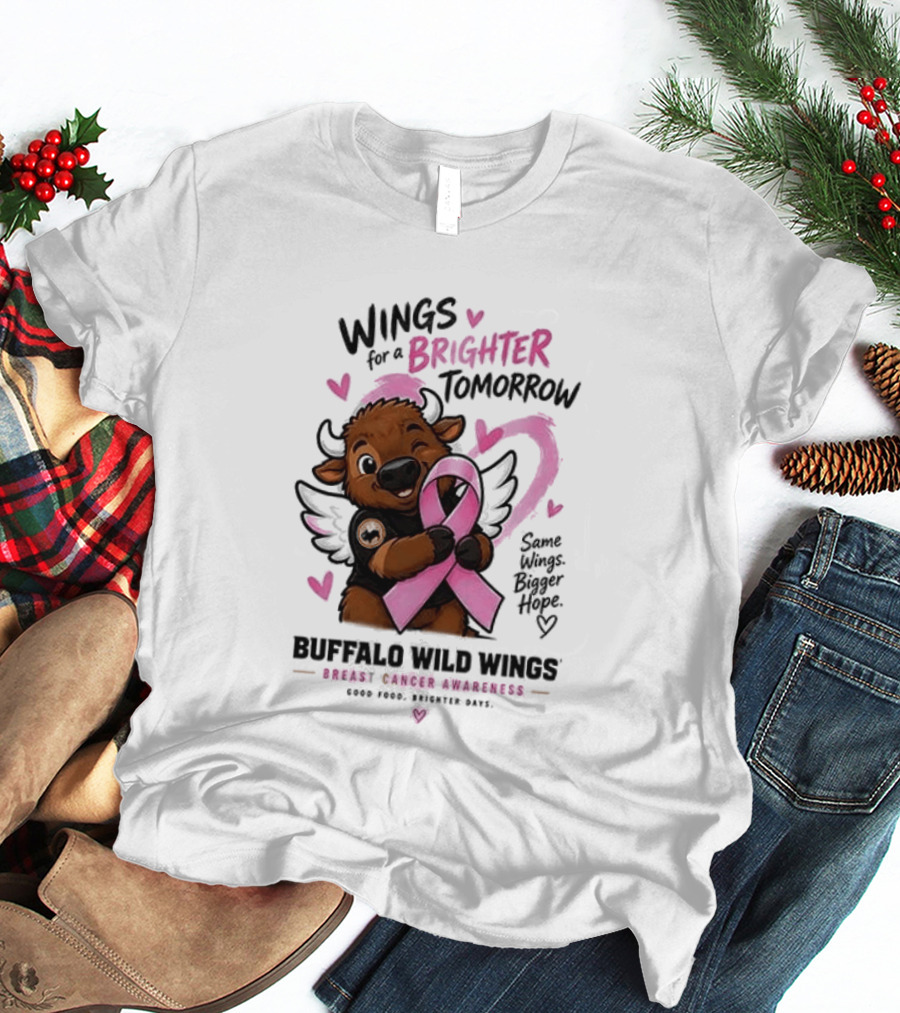 Wings For A Brighter Tomorrow Buffalo Wild Wings Breast Cancer Awareness Pink Ribbon Hearts T-Shirt