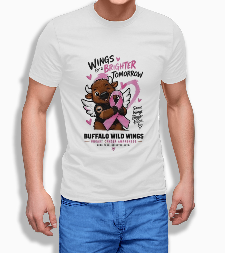 Wings For A Brighter Tomorrow Buffalo Wild Wings Breast Cancer Awareness Pink Ribbon Hearts T-Shirt