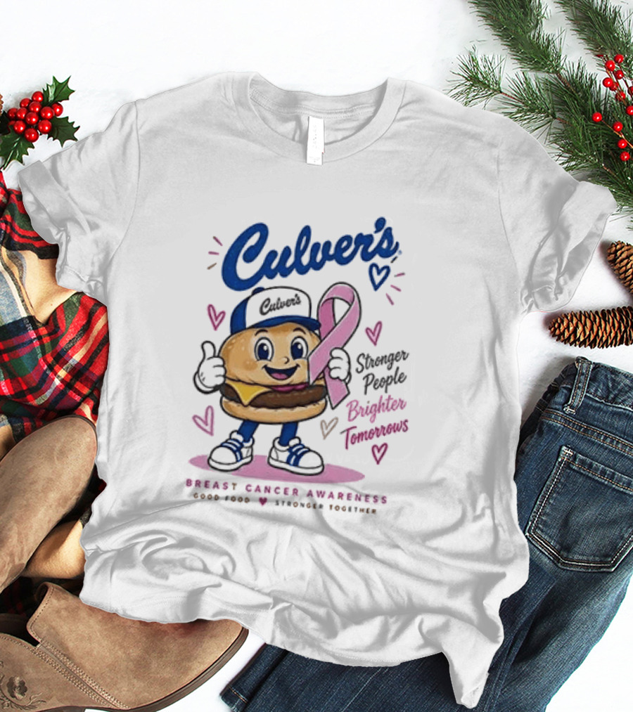 Culver's Breast Cancer Awareness Stronger People Brighter Tomorrows Burger Character With Pink Ribbon T-Shirt