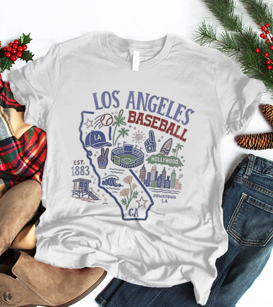 Los Angeles Baseball Est 1883 California Map Stadium And Poppy Flowers T-Shirt