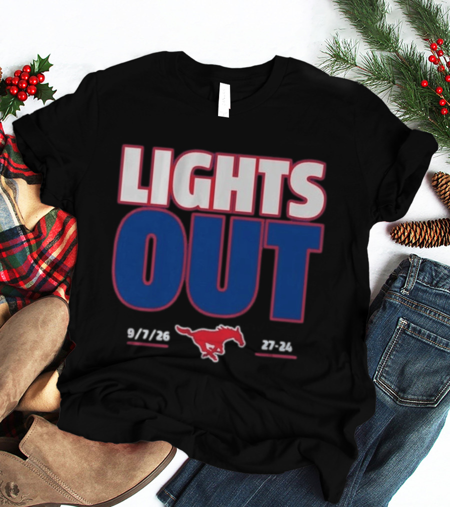 SMU Mustangs Football Lights Out 9 7 26 27 24 T-Shirt