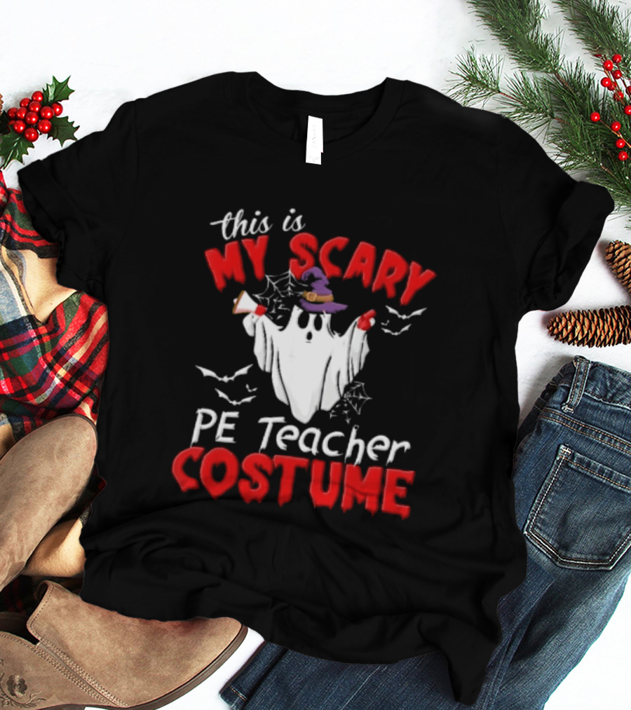 Scary PE Teacher Costume Ghost Witch Hat Whistle Megaphone Halloween T-Shirt