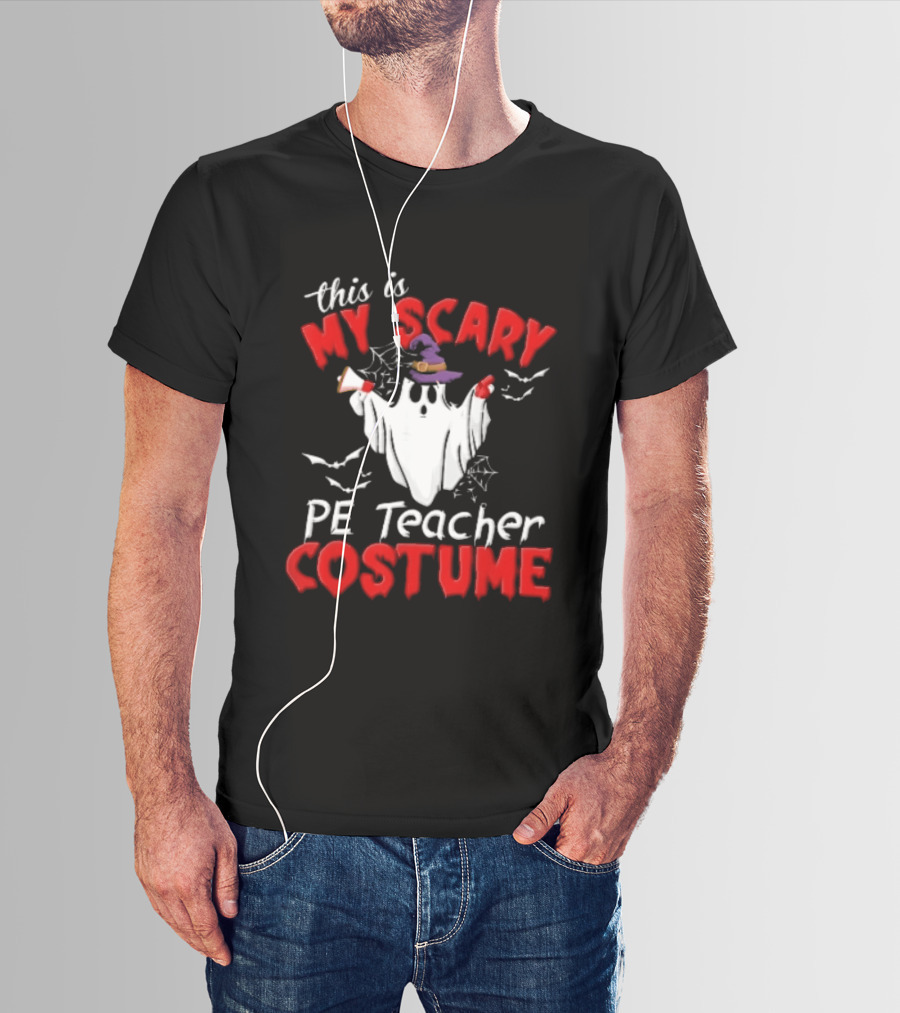 Scary PE Teacher Costume Ghost Witch Hat Whistle Megaphone Halloween T-Shirt