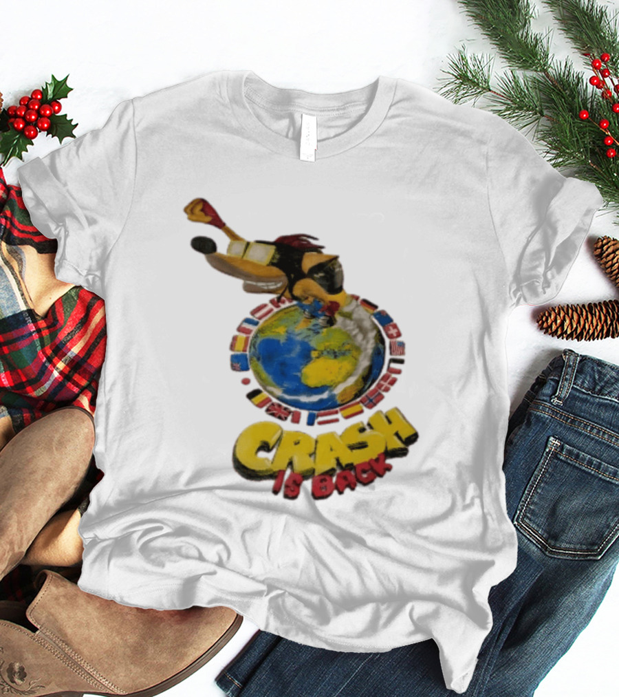 Crash Is Back Jetpack Adventure World Flags Globe Cartoon T-Shirt