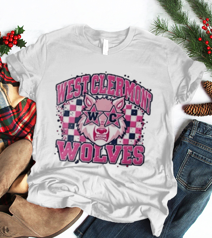 West Clermont Wolves WC Pink Star Sunglasses Checkered T-Shirt