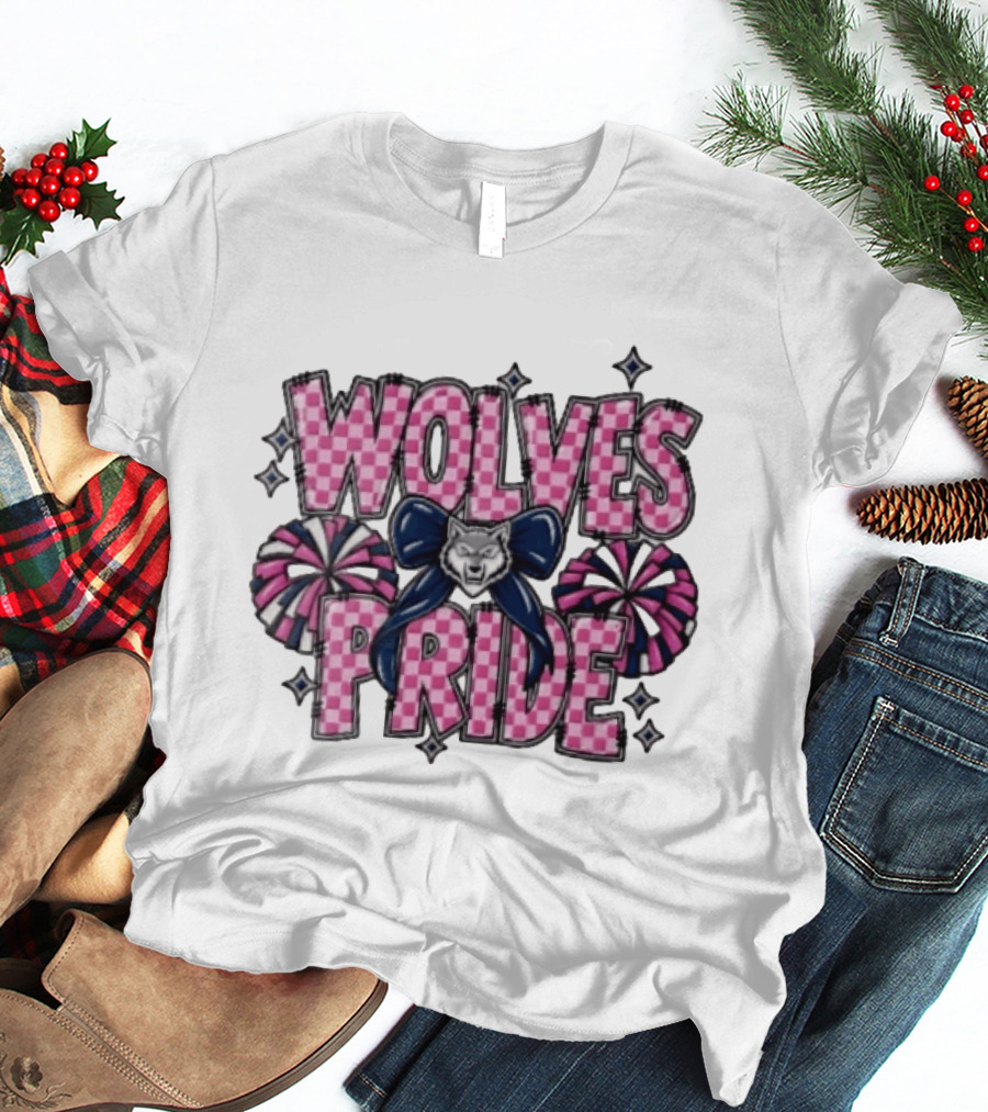 Wolves Pride Pink Checkered Cheerleading Pompoms And Wolf Bow T-Shirt