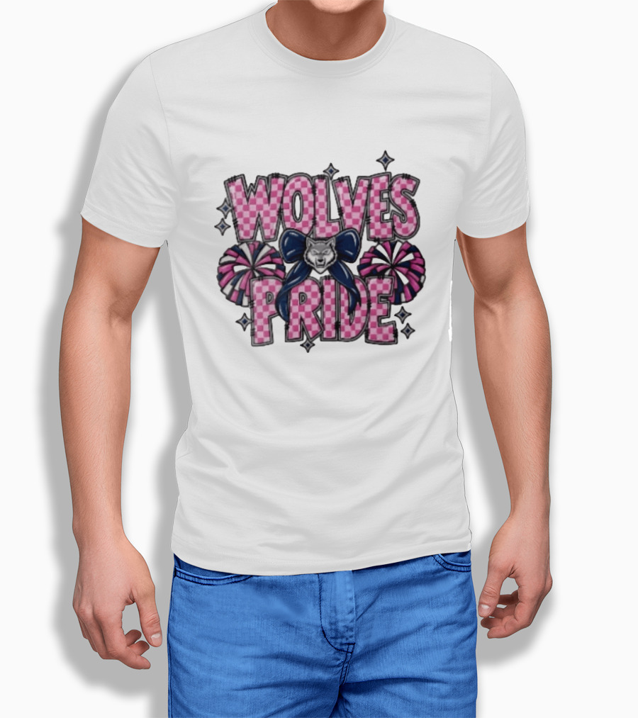 Wolves Pride Pink Checkered Cheerleading Pompoms And Wolf Bow T-Shirt