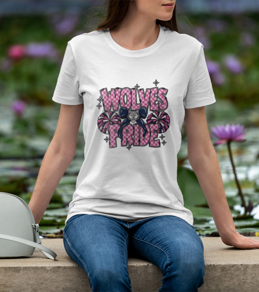 Wolves Pride Pink Checkered Cheerleading Pompoms And Wolf Bow T-Shirt