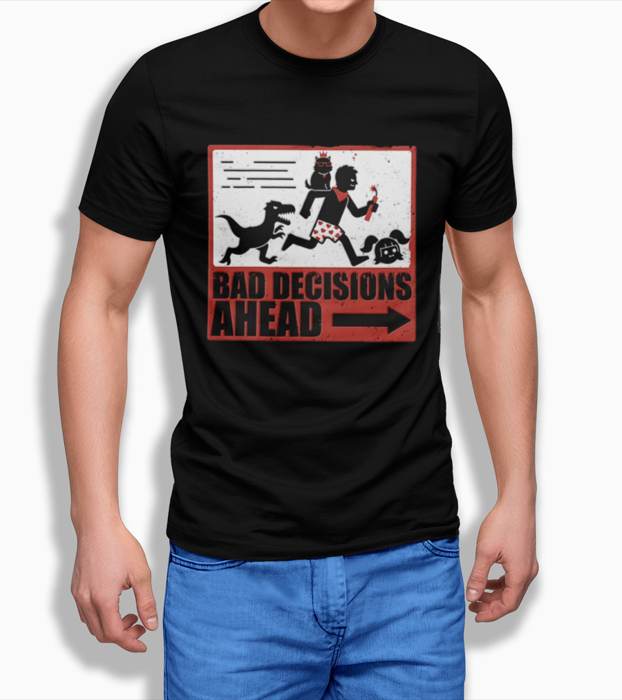 Bad Decisions Ahead Running From Dinosaur Distressed Humor T-Shirt