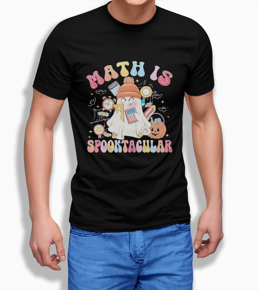 Math Is Spooktacular Ghost Halloween Teacher Kawaii Pumpkin Calculators T-Shirt