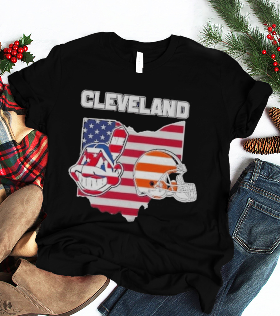 Cleveland Indians Browns Ohio State Map With Flags T-Shirt