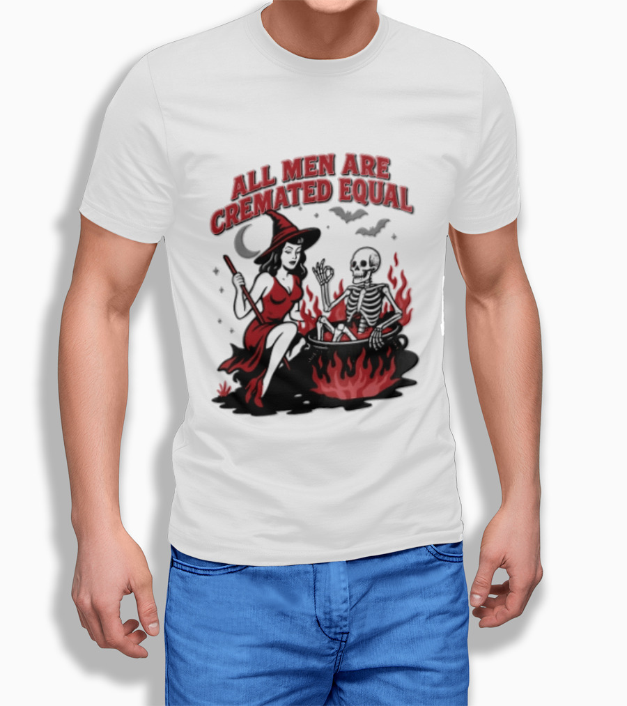 All Men Are Cremated Equal Witch Skeleton Cauldron Halloween T-Shirt