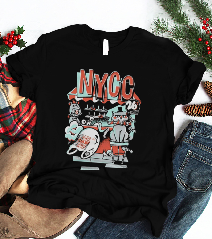 NYCC 26 Cent 1 Throw Carnival Cat Retro Style Comic Fairground Fun T-Shirt