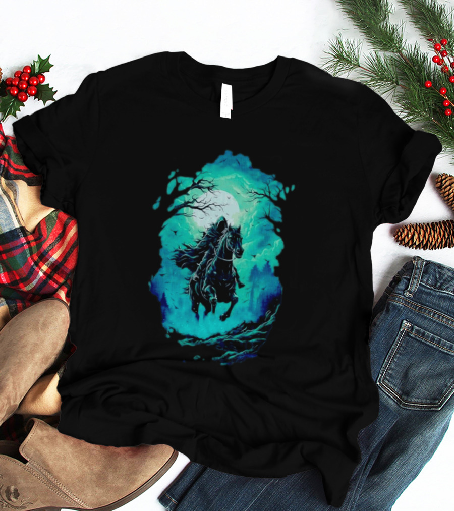 Headless Horseman Eerie Night Ride Through Spooky Forest T-Shirt