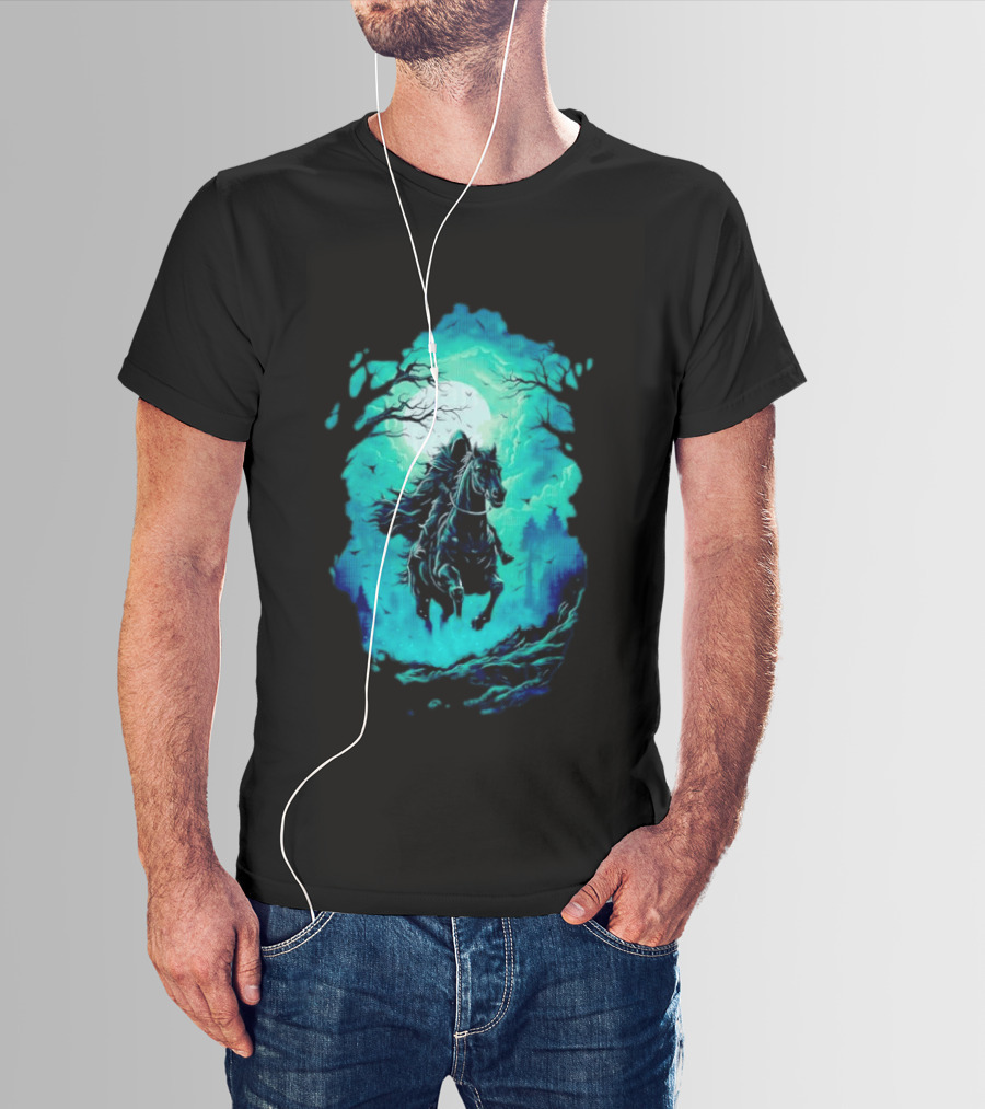 Headless Horseman Eerie Night Ride Through Spooky Forest T-Shirt