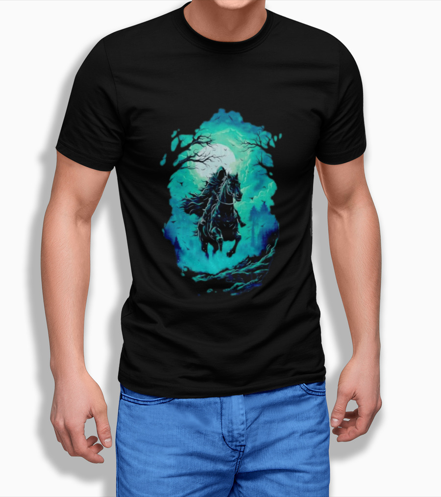 Headless Horseman Eerie Night Ride Through Spooky Forest T-Shirt