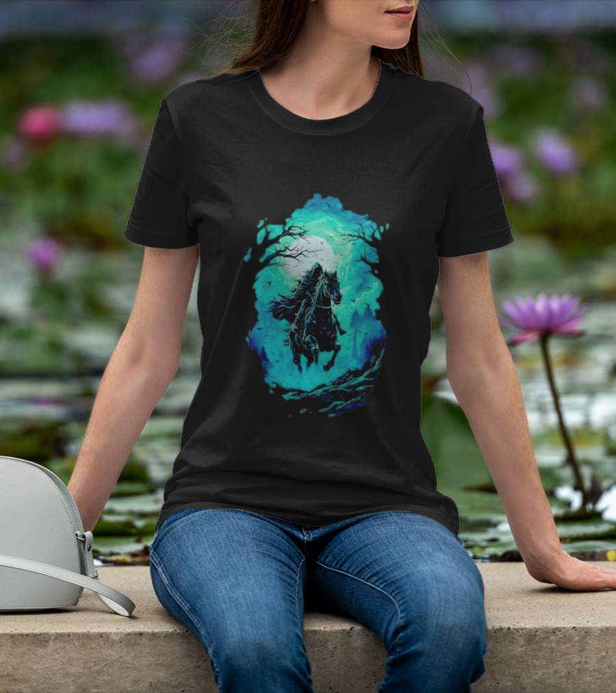Headless Horseman Eerie Night Ride Through Spooky Forest T-Shirt