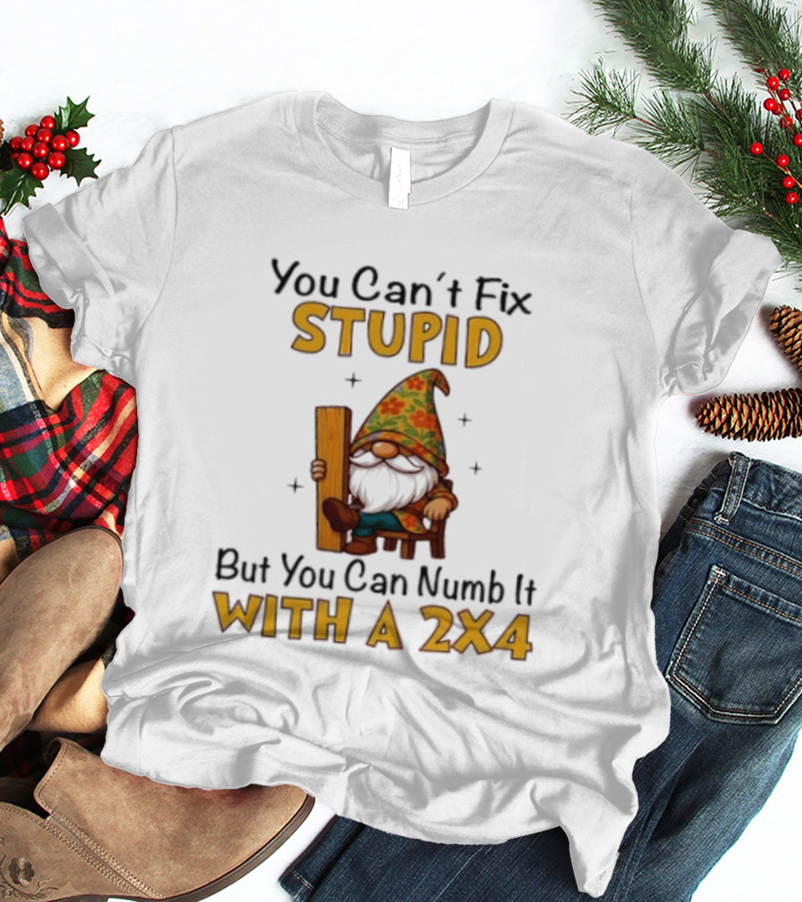 You Can't Fix Stupid But You Can Numb It With A 2x4 Gnome Holding Wood Humor T-Shirt