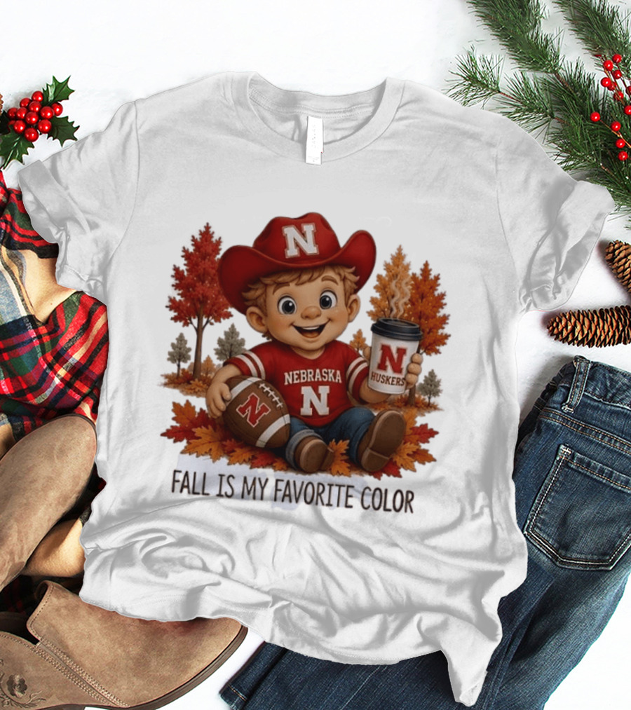 Nebraska Huskers Fall Football Kid Holding Coffee And Ball T-Shirt